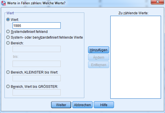 Einstellung der zu zählenden Werte